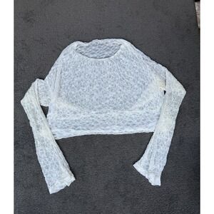 Musera White Sheer Floral Lace Long Sleeve Crop Top Size S Scoop Neck Stretch